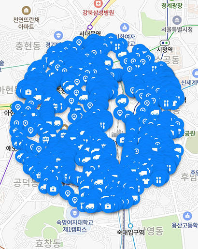 서울 용산구 서울역 부근 제로페이 가맹점 지도. 사진=제로페이 앱 캡처