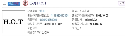 김경욱 씨는 H.O.T의 데뷔 후 정확히 한 달만인 1996년 10월 김경욱 본인 이름으로 H.O.T 상표를 출원해 1998년 6월 등록 받았다. 자료=특허청 특허정보넷 키프리스