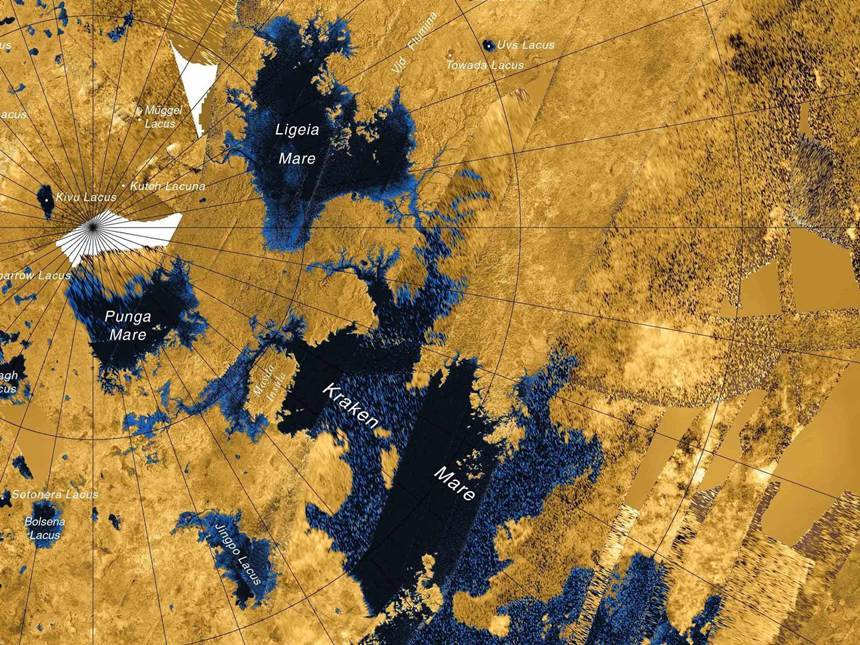 토성의 위성 타이탄 표면에서 확인한 액체 호수의 분포 지도. 사진=NASA/JPL-Caltech/ASI/USGS