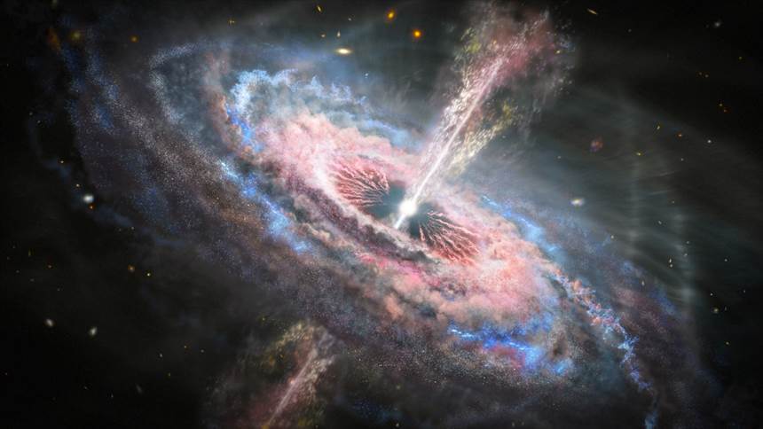 은하 중심에서 성장하는 초거대 질량 블랙홀을 표현한 그림. 사진=NASA, ESA and J. Olmsted(STScI)