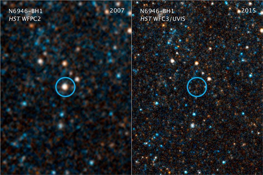 갑자기 사라진 별 NGC 6946-BH1은 초신성 폭발 없이 곧바로 블랙홀로 붕괴한 것으로 추측되었다. 사진=NASA/ESA/C. Kochanek(OSU)