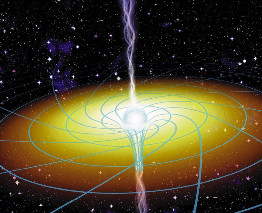 블랙홀처럼 시공간을 강하게 휘어놓은 천체가 회전하고 있다면 주변 시공간이 더 꼬여 들어가는 현상이 벌어질 수 있다. 사진=J. Bergeron, Sky & Telescope Magazine