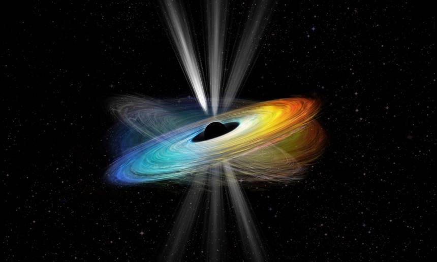 블랙홀의 제트 축이 마치 흔들리는 지구의 자전축처럼 세차 운동을 보인다. 사진=Cui et al.(2023), Intouchable Lab@Openverse and Zhejiang Lab