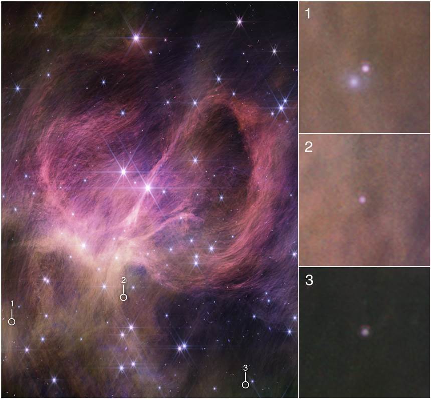 제임스 웹으로 관측한 성단 IC 348. 오른쪽은 이 성단에서 발견한 갈색왜성 세 개를 확대한 모습. 사진=NASA, ESA, CSA, STScI, Kevin Luhman(PSU), Catarina Alves de Oliveira(ESA)