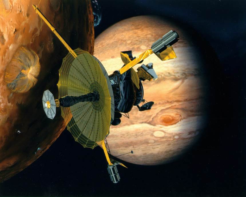 목성의 위성 이오를 지나 목성으로 향하는 갈릴레오 탐사선 상상도. 사진=NASA