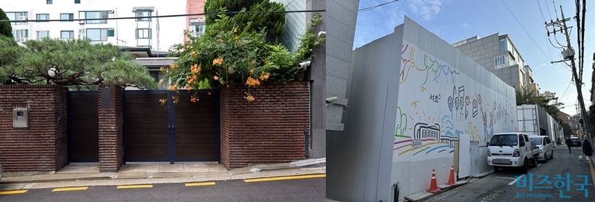 박문덕 회장이 보유하던 방배동 단독주택의 철거 전(왼쪽)과 현재 공사 모습(오른쪽). 사진=비즈한국 DB, 정동민 기자