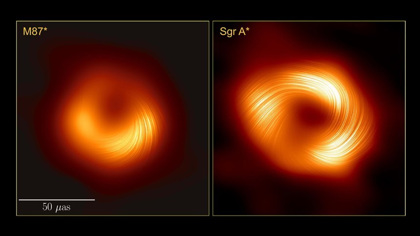 M87 은하 중심(왼쪽)과 우리 은하 중심(오른쪽)의 블랙홀 주변 자기장의 형태를 보여주는 이미지. 사진=EHT Collaboration