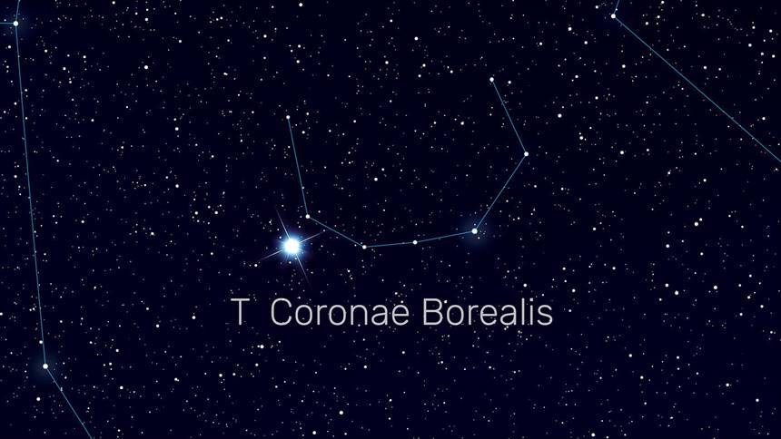 북쪽왕관자리 T 별의 위치를 표시한 그림. 그림 속 밝게 터진 별이 곧 신성 폭발을 앞두고 있을 것이라 예측되는 별의 위치다.
