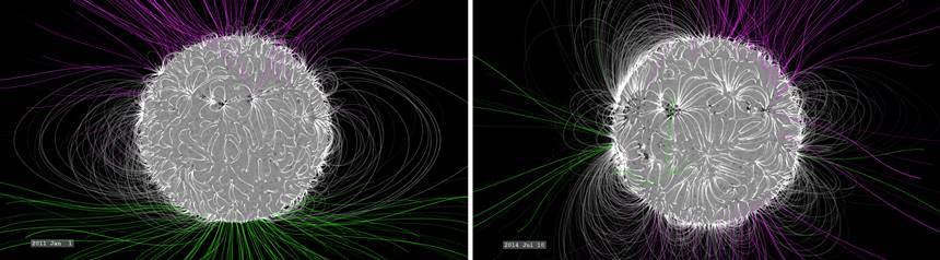 태양 표면 바깥으로 복잡하게 얽힌 자기장 분포를 표현한 그림. 사진=NASA