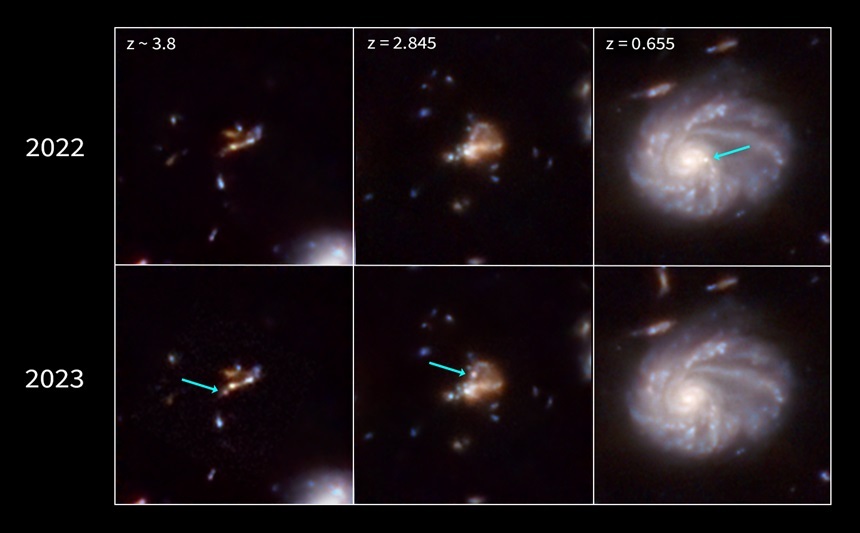 O aparecimento de flashes de supernovas em cada galáxia, confirmado pela comparação da mudança no brilho ao longo de um ano, é indicado por uma seta.  Imagem = NASA, ESA, CSA, STScI, Christa DeCourcy (Universidade do Arizona), Colaboração JADES