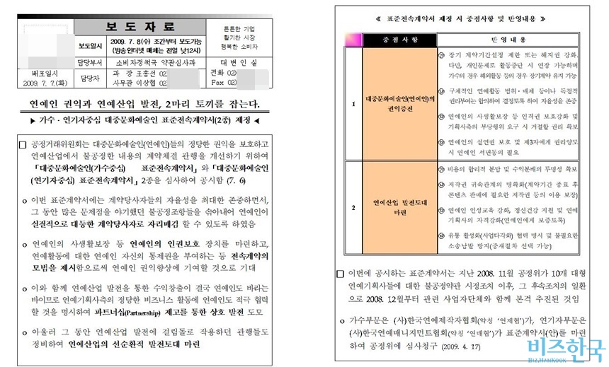 지난 2009년 공정거래위원회는 가수와 배우를 위한 표준계약서를 마련했다. 자료=공정거래위원회