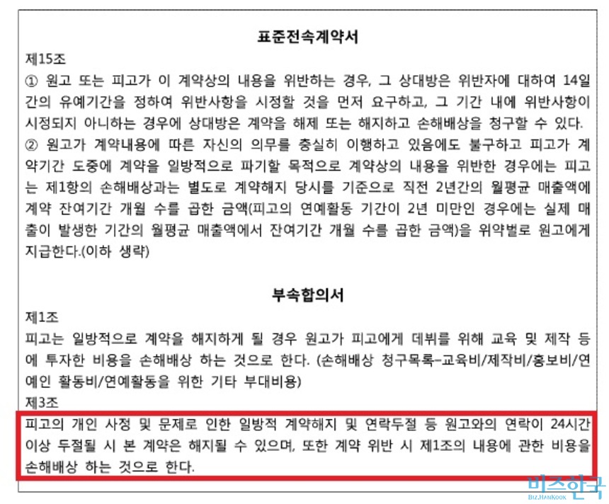 비즈한국은 최근 2년 이내 선고된 아이돌과 연습생의 ‘계약 관련’ 분쟁 사례를 살펴봤다. ​지난 2023년 8월 18일 선고된 손해배상 판결문 일부. ​