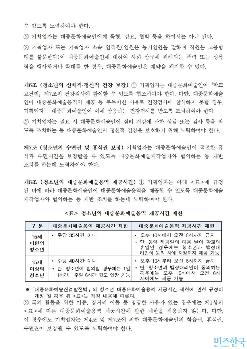 청소년 대중문화예술인(또는 연습생) 표준 부속합의서 일부 내용.