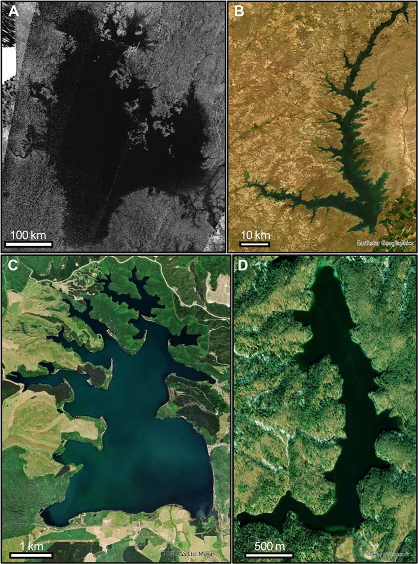 Uma imagem comparando a forma de um lago em Titã (A) obtida pela sonda Cassini com a forma de um lago na Terra.