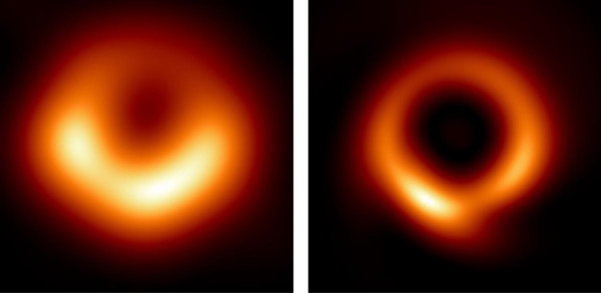 M87 은하 중심 블랙홀의 이미지. 처음에 공개한 이미지(왼쪽)를 머신 러닝 알고리즘 PRIMO를 활용, 보정해서 더 선명해졌다(오른쪽). 사진=Event Horizon Telescope