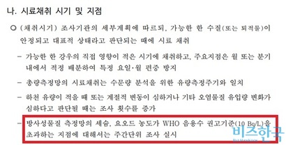 환경부는 방사성물질에 대한 조사를 하지만 그 기준치에 대한 규정을 정하고 있지는 않는다. WHO 권고 기준을 초과하더라도 조사 횟수를 증가하는 것 외에는 규정된 대책이 없다. 자료=환경부 물환경측정망 설치ᆞ운영 계획